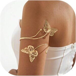 Elegant Gold Butterfly Cuff Bracelet - Adjustable Floral Arm Jewelry for Women